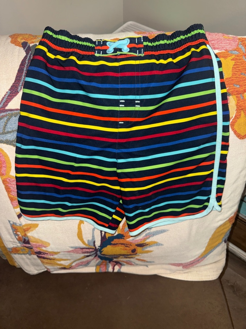 wonder nation Navy Multicolor Striped Swim Trunks with Light Blue Trim